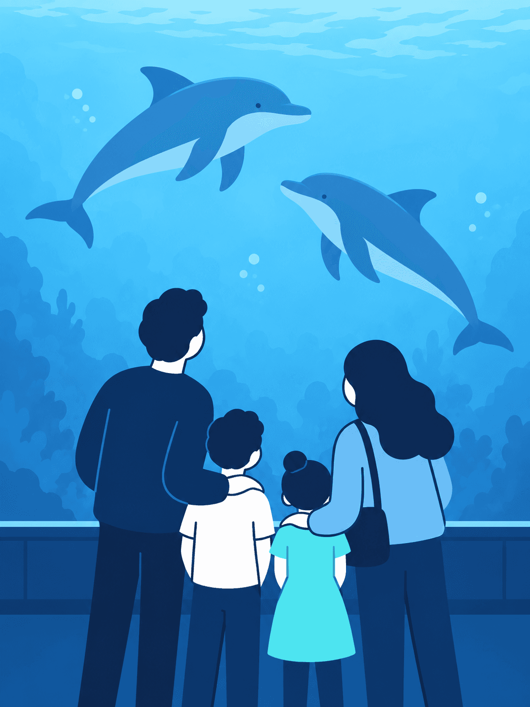 Una famiglia osserva due delfini attraverso la grande vasca dell’Acquario